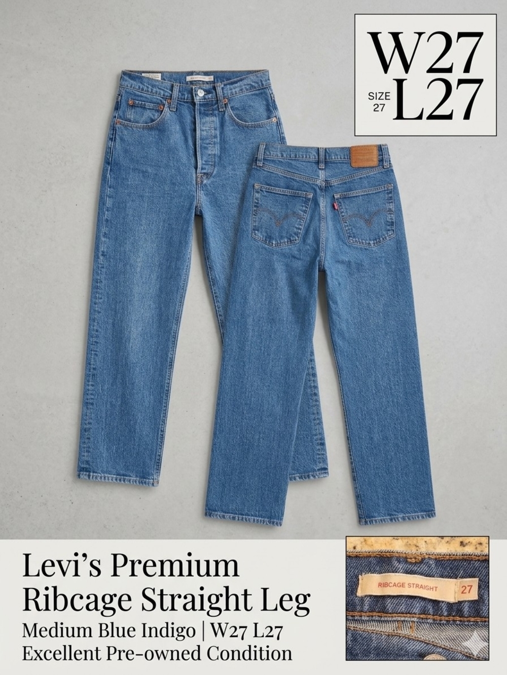 Levi’s Premium Ribcage Straight Leg Button Fly Jeans Medium Wash 27x27